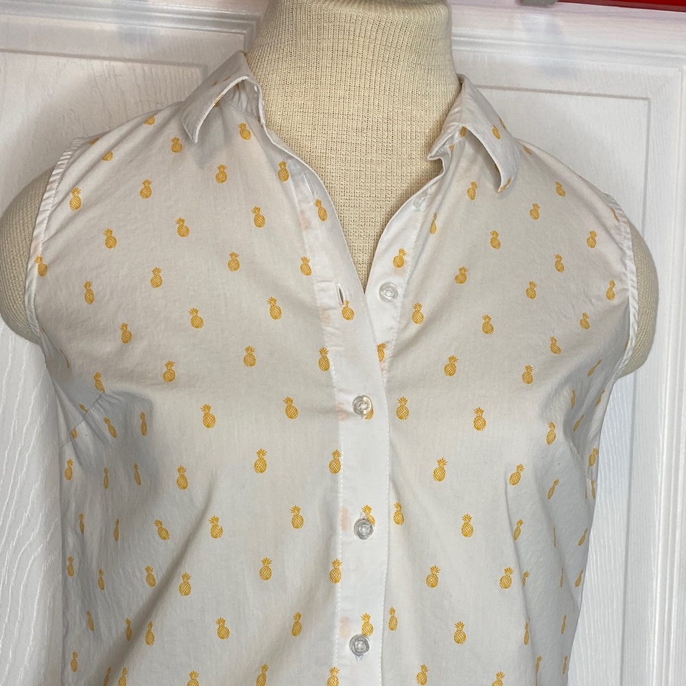 Twik White Yellow Pineapple Print Sleeveless Button Front Shirt Summer P/S - Picture 8 of 15
